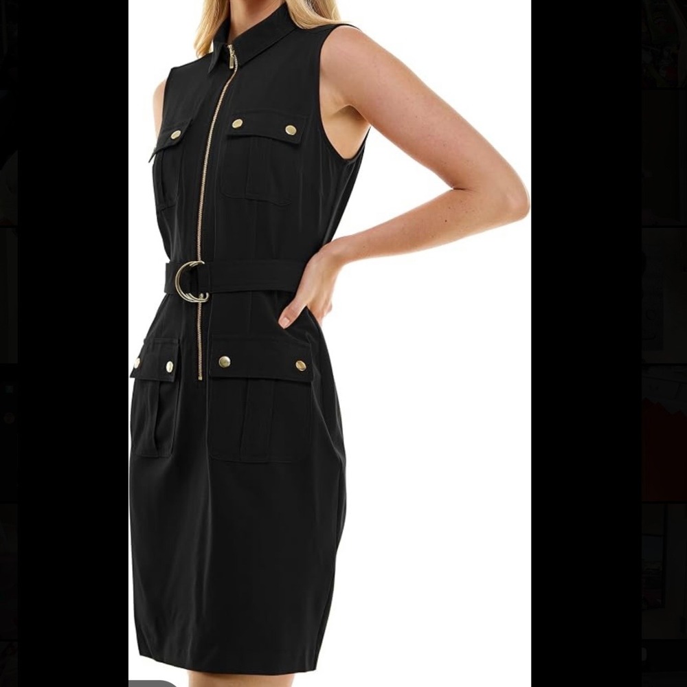 Sharagano Black Sleeveless Utility Belted Cargo Zip Front Midi Dress Size 8